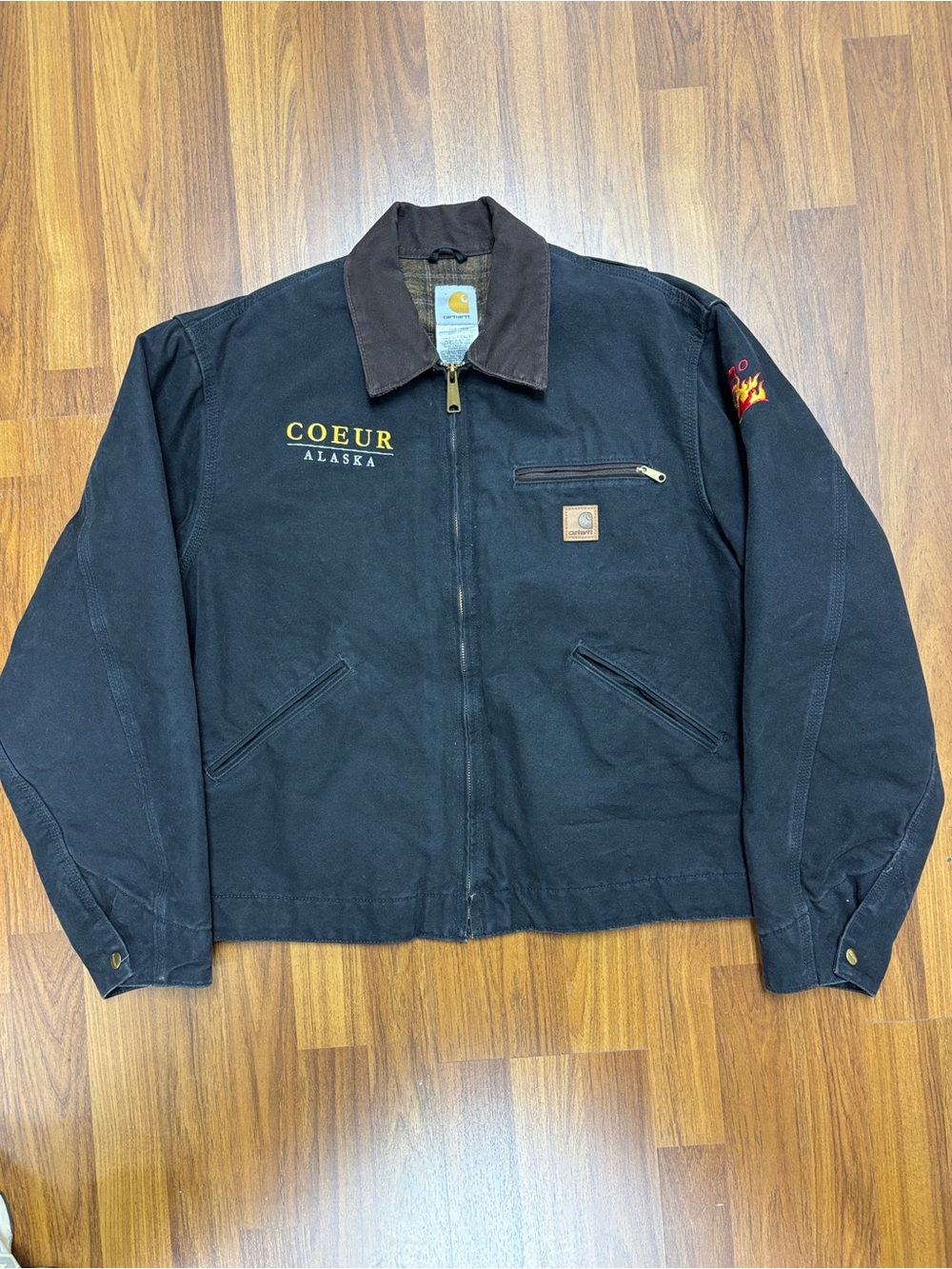 Vintage Detroit Carhartt Jacket Black Size Large Fleece Lined Patches Name Logo